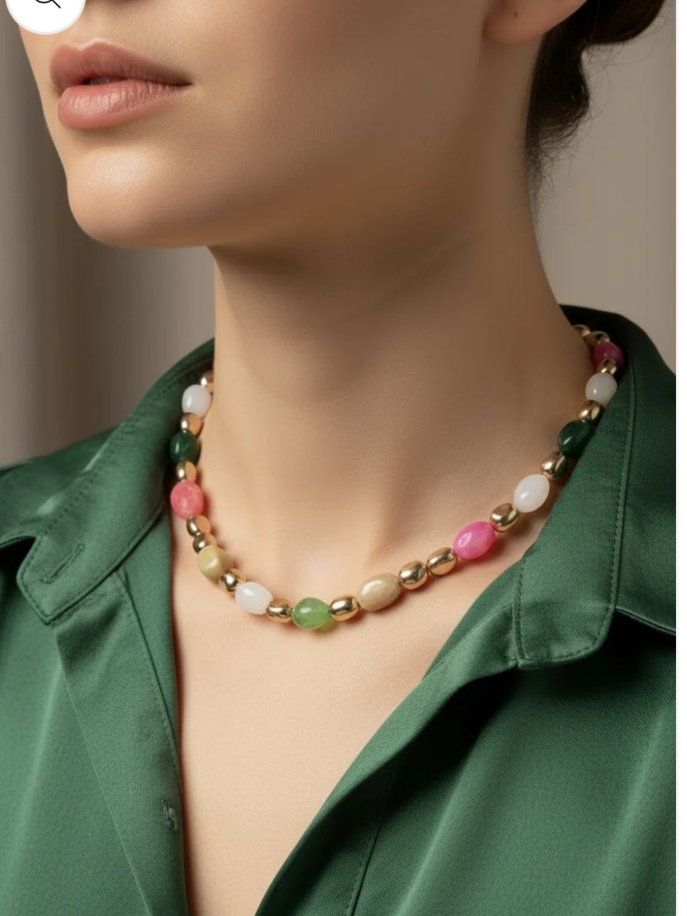 Multicolor Irregular Bead Necklace - Pink, Green, White & Gold